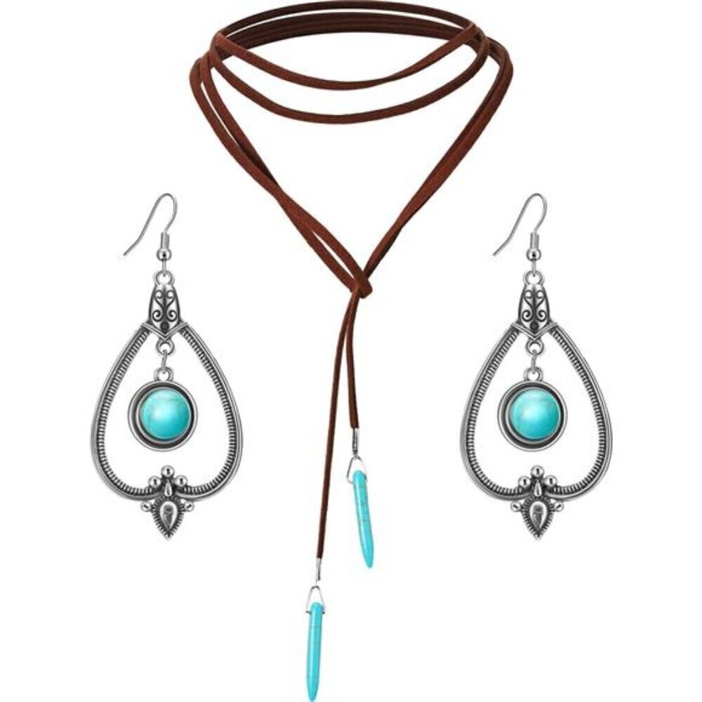 Bohemian Leather Choker Necklace and Turquoise Drop Earrings Set Western Cowgirl